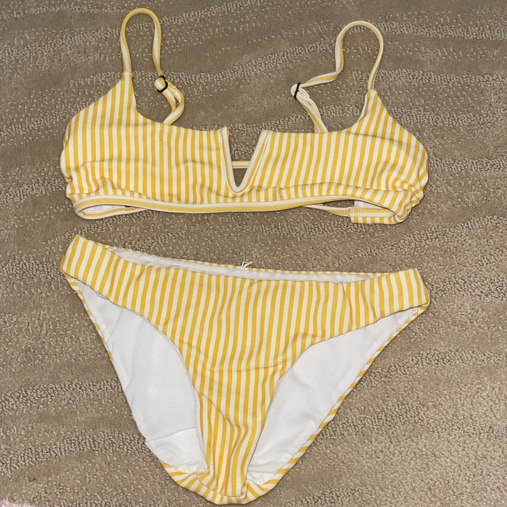 yellow and white striped bikini set